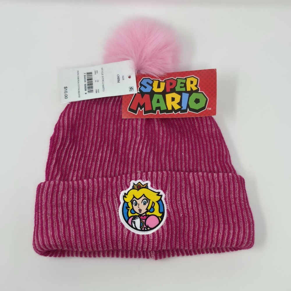 Nintendo Super‎ Mario Bros. Princess Peach Pink Winter Pom Beanie Hat Cap Girls